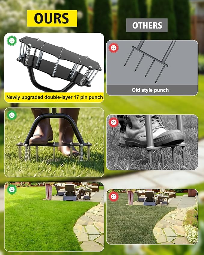 Lawn Aerator Spike Tool - 17 Iron Spikes with T-Handle for Yard and Garden | Dirt Clean & Double-Layer Spring, Manual Soil Aerator, Metal Grass Aerator with Gloves for Lawn Soil Loosening