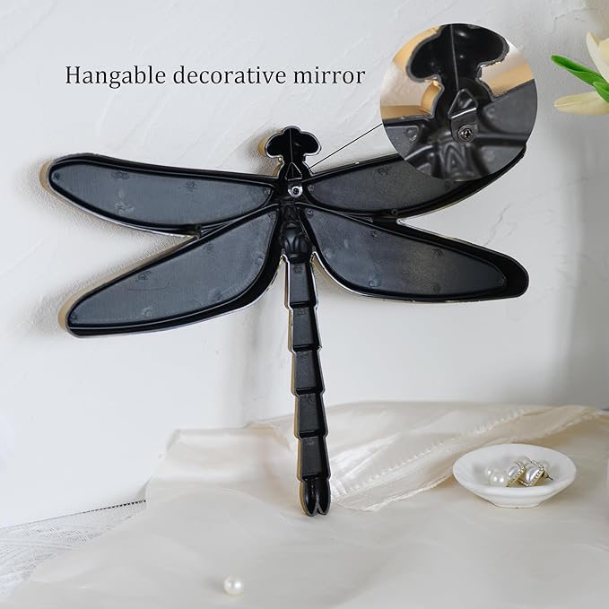 Decorative Dragonfly Wall Mirror, Plastic Frame with Mirrored Wings (12.4 x 9.3 inches) (White)