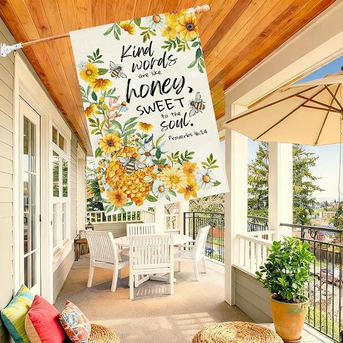 Baccessor Summer Bee House Flag 28x40 Inch Double Sided Burlap, Kind Word Honey Sweet Yellow Floral Flowers Holiday Porch Patio Outdoor Outside Decoration