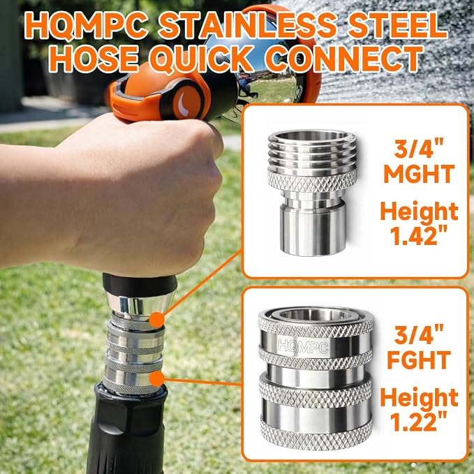 HQMPC Stainless Steel Garden Hose Quick Connect Fittings 3 Set With 4 Gasket 3/4 inch GHT Stainless Steel 304 Garden Hose Quick Connector Easy Connect Fitting (3 SETS)