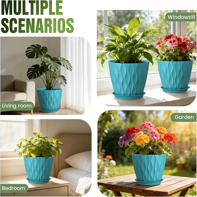 8 Inch Wave Plant Pots with Drainage Holes & Saucers, 4 Pack Modern Textured Medium Planters for Indoor Outdoor Plants, Decorative Flower Pots Repotting Set for Flowers, Herbs (Blue)