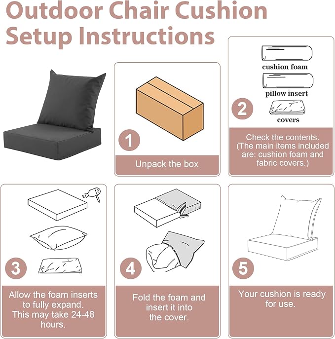 Outdoor Deep Seat Cushion Set, 24x24 Inch Water-Resistant & Fade-Resistant Outdoor Chair Cushions, Patio Furniture Cushions with Removable Cover for Patio Chair, Sofa, Dark Grey (Set of 1)