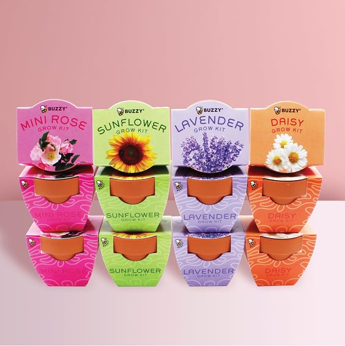 Buzzy Seeds Bright Series Grow Kit, Assorted 12-Pack - Mini Terracotta Pot Grow Set - Complete Indoor/Outdoor Gardening Kit with Seeds, Coconut Husk Growing Medium & Genuine Pots - 100% Grow Guarantee