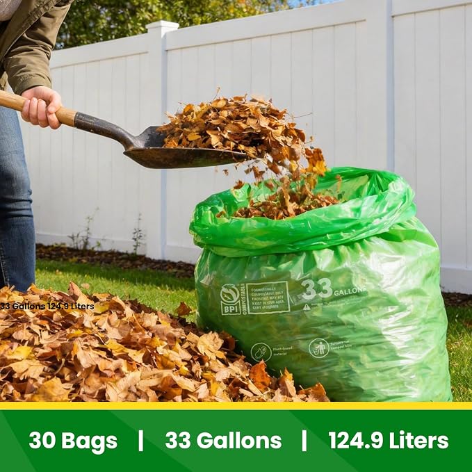 30-33 Gallon Compostable Trash Bags Liners Flat-Top, Heavy Duty Extra Thick 1.28 Mil, 124.92 Liter, 30 Bags, Lawn, Yard, and Restaurant Use, ASTM D6400, US BPI Certified