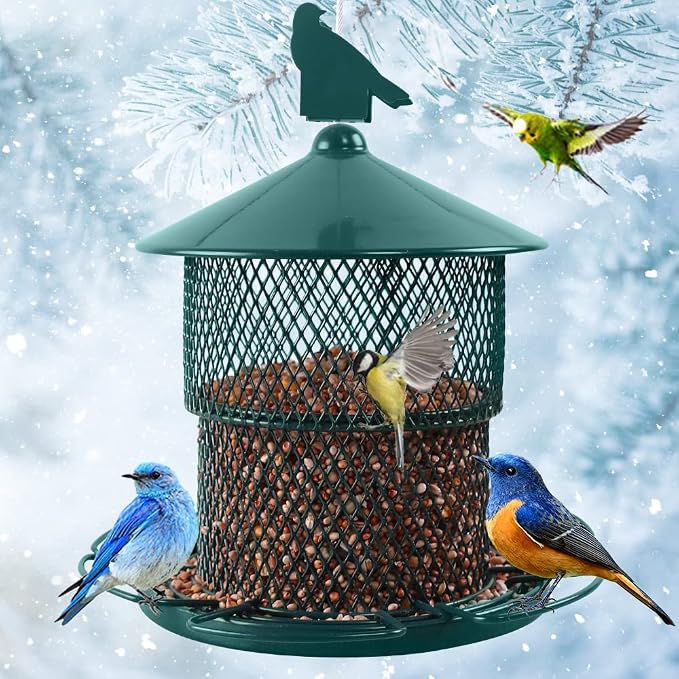 Metal Bird Feeder for Outside, Hanging Bird Feeders Squirrel Proof, 4 Lbs Capacity Iron Mesh Durable Wild Outdoor Birdfeeder with 6 Perches for Finch Cardinals,Gifts for Birds Lovers- Green