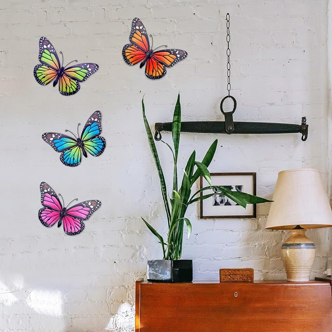 Metal Butterfly Wall Art - 4 Pack 9.8in Butterflies Wall Sculpture Hanging Decor for Outdoor and Indoor, Balcony Yard Patio Fence Garden Decorations