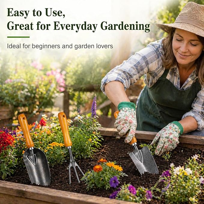 3-in-1 Heavy Duty Gardening Tools Kit, Premium Carbon Steel Garden Hand Tools with Ergonomic Wooden Handle Includes Trowel, Transplanter, and Cultivator, Ideal Gardening Gifts for Gardener