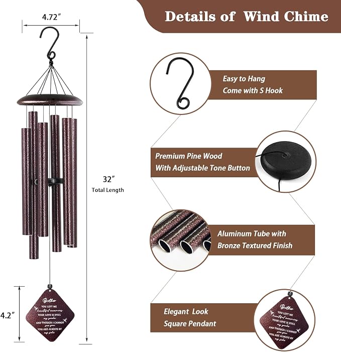 Memorial Gifts for Loss of Brother, 32" Sympathy Wind Chimes for Loss of Brother, Bereavement Gifts Loss of Brother, Loss of Brother Sympathy Gifts, Windchimes in Memory of Brother (Bronze)