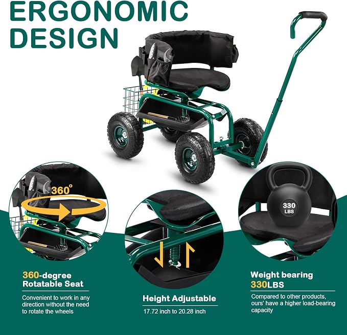 VINGLI Rolling Garden Stool with Seat and Extendable Handle, Gardeners Tool Seat with Wheels and Extra Storage, Gifts for People with Bad Knees (Green)