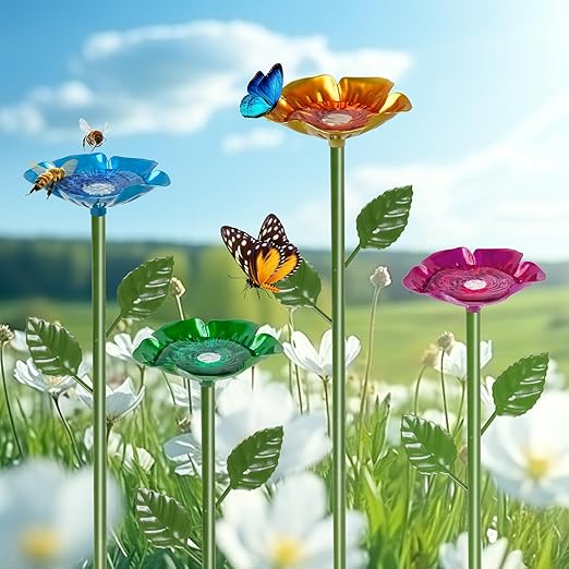 4 Pack Bee Watering Station for Garden, Colorful Metal Flower Bee Bath, Decorative Design Attracts Bees & Butterflies, Easy Install Durable Outdoor Yard Decor