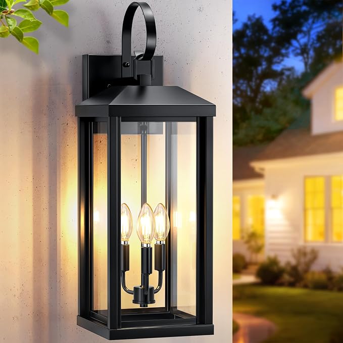 24Inch Extra Large Outdoor Sconce Light 1-Pack, Waterproof Oversized Outdoor Porch Light for House with Tempered Glass, Modern Black Exterior Lighting Fixture, Outside Coach Light for Garage