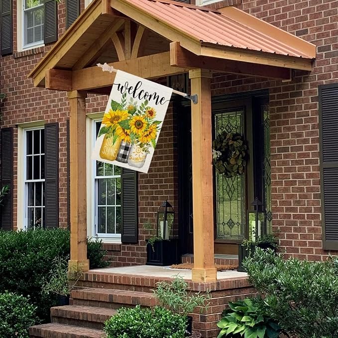 CROWNED BEAUTY Summer Sunflower House Flag Mason Jar Double Sided 28x40 Inches Large Burlap Seasonal Welcome Yard Porch Decoration for Outside