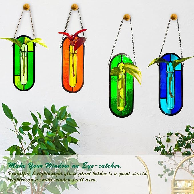 LITMIND Transparent Orange Stained Glass Propagation Station - Handcrafted Suncatcher Hanging Planter with 2 Glass Tubes, Multi-Color Hydroponic Wall Décor for Windows, Home & Garden