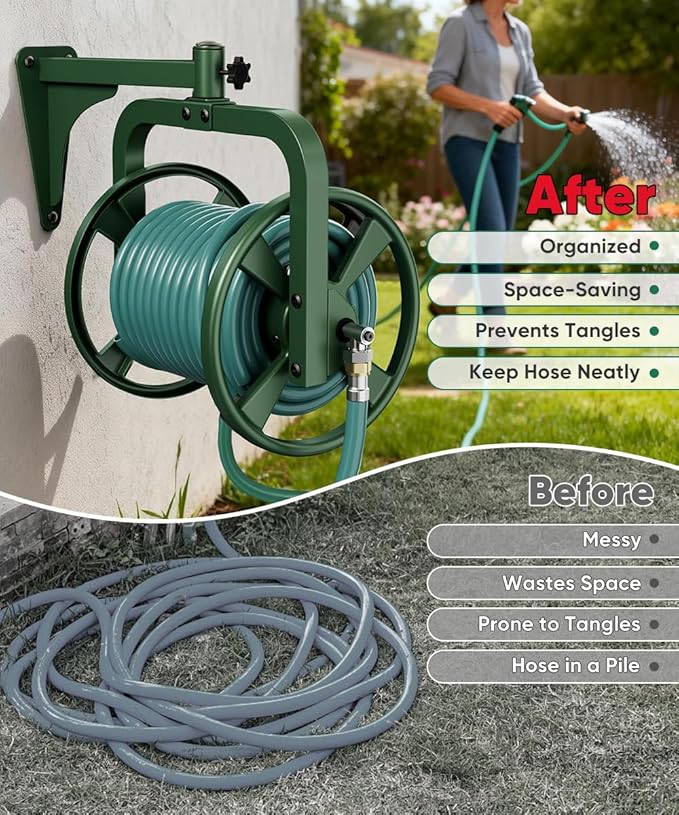 Artigarden Rotating 360° Garden Hose Reel, Wall Mounted Hose Reel Holder Holds 165ft of 5/8'' Hose, Outdoor Heavy Duty Metal Water Hose Organizer Storage Rack with 3.9ft Leader Hose for Outside, Green