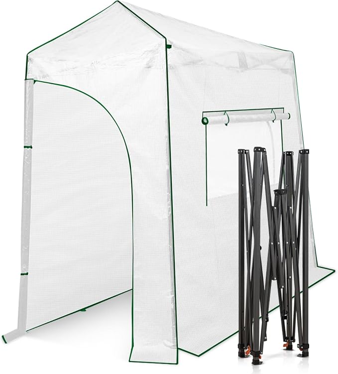 EAGLE PEAK 9x4 Portable Walk in Greenhouse, Pop Up Indoor Outdoor Greenhouse, Green House Kit with Zippered Roll-Up Doors and Windows, Lean-to Design, PE Cover, Clear/White