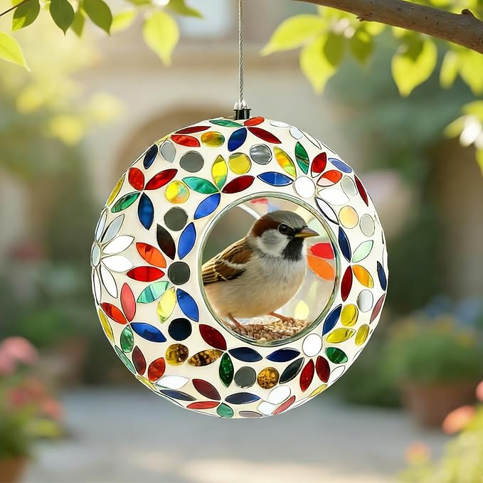 6 Inch Mosaic Glass Hanging Bird Feeder for Outdoors,Fly Through Bird Feeders for Wild Birds, Cute Seed Container with Round Shape for Backyard Window Garden Porch, Colorful Floral Mosaic