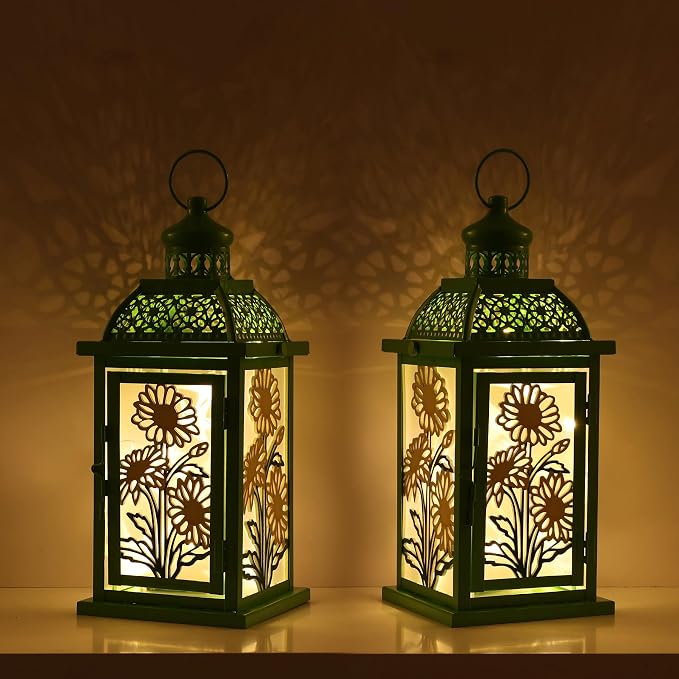 Spring Decorations for Home, 14.4" Decorative Daisy Green Lantern with 61" LED Lights(No Battery) for Home Indoor Outdoor Decor, Hanging Metal Candle Holders for Spring St.Patrick’s Day Gift