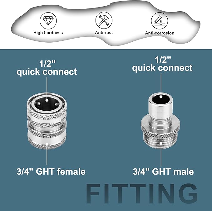 POWER TOWN Quick Connect Hose Fittings, Garden Hose Quick Disconnect Set, Universal Fit 3/4 Inch GHT Stainless Steel, Water Hose Connector, 3 Pack