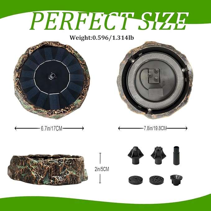 Solar Bird Bath Fountain,Premium Plastic Faux Stone Water Fountain Pump with 6 Nozzles,Eco-Friendly Direct-Drive Floating Water Feature for Birdbath,Garden,Patio,Small Pond Decoration 7.8" Bronze