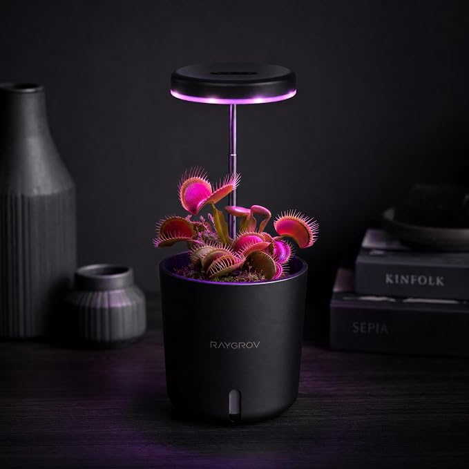 Self-Watering Planter with Grow Light, Smart Indoor Pot for Venus Fly Trap, Carnivorous Plants, African Violet, Cat Grass, Catnip & Herbs, 2-in-1 Wall + Desktop, USB 5W Full Spectrum LED