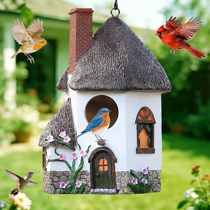 Bird Houses for Outside Rustic Cottage Birdhouse with Chimney Thatch Roof – Hand-Painted Resin Birdhouses for Outdoors for Bluebird Finches Cardinals Bird Nesting Garden, Patio, Yard
