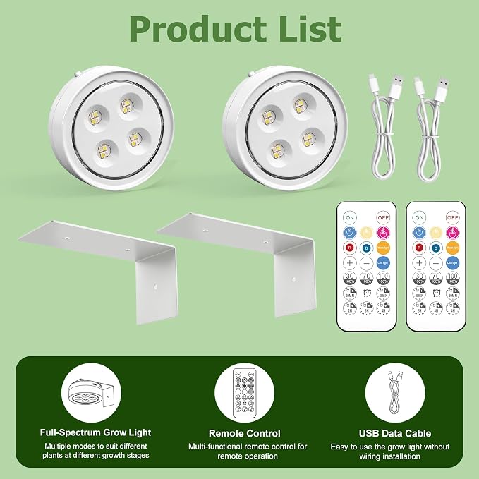 2 Pack Rechargeable Magnetic Grow Light, Full Spectrum Indoor Plant Light with Timer & Remote, Seedling/Growth/Bloom Presets, Stepless Dimming,Type-C Charging 2000mAh, Plant Lights for Indoor Growing