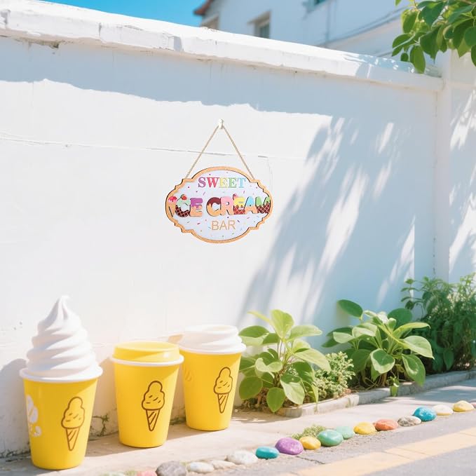 HOURIA Colorful 3D Ice Cream Summer Wooden Sign (11.4”x7.5”), Vintage Sweet Ice Cream Bar Sign Hanging Plaque,Sweet Summer Themed Wall Decor for Birthday Party Shop Holiday Home Decor