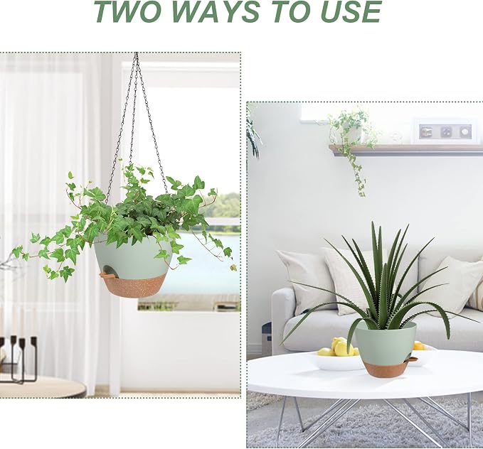Vanslogreen Hanging Planters for Indoor Outdoor Plants, 2 Pack Self Watering Hanging Pot with Drainage Holes & Removable Tray (Green, 6'')