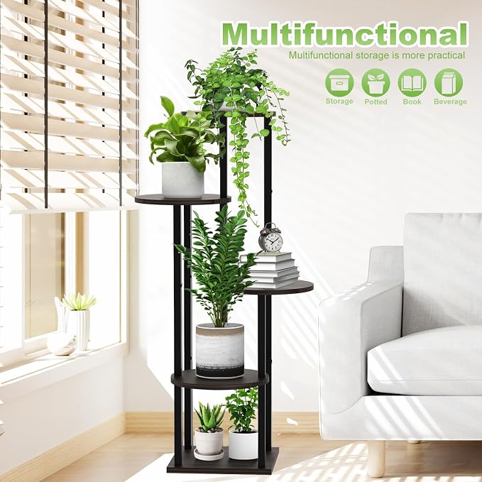 5 Tier Wood Tall Plant Stand Metal Rack Indoor, Multiple Flower Pot Holder Shelves Corner Rack, Round Planter Shelf Display Rack Storage Organizer for Patio Living Room Balcony(Black+Oak)