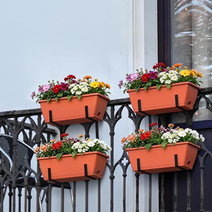 Rectangle Planters Box, 4 Pack Deck Hanging Planters for Railings, Window Box Planter with Drainage Holes & Trays, 16.9 Inch Balcony Planters Railing Hanging with Metal Brackets, Red