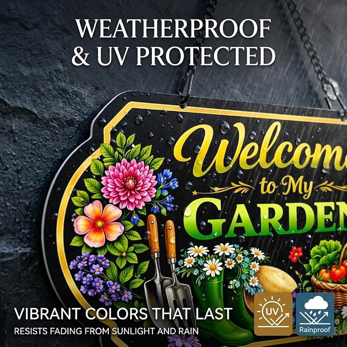 Welcome to My Garden Sign, 10 x 5 Inch Aluminum Metal Hanging Garden Sign with Chain, UV Printed Weatherproof Garden Decor Plaque for Porch, Patio, Greenhouse, Front Door or Outdoor Wall