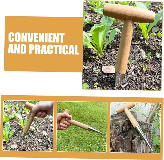 Kisangel Garden Hole Punch Dibber Tool T-Handle Seed Planter for Weeding and Planting