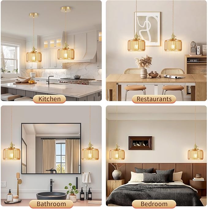 WimiSom 2 Pack Industrial Pendant Lighting, Modern Glass Shade Farmhouse Adjustable Hanging Light Fixtures for Kitchen Island Living Room Bedroom Hallway, Brown