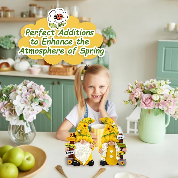 Sunflower Gnome Garden Decorations 2 PCS Resin Summer Figurines Cute Indoor Collectible Statue Outdoor Ornament for Table
