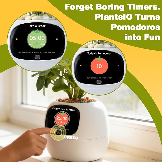 Smart Plant Pot with Visual Display – Soil Moisture, Water Level, Light & Battery Monitor, 80ml Self-Watering Reservoir, Supports 100+ Plants, Pomodoro Timer, Clock & Calendar-White