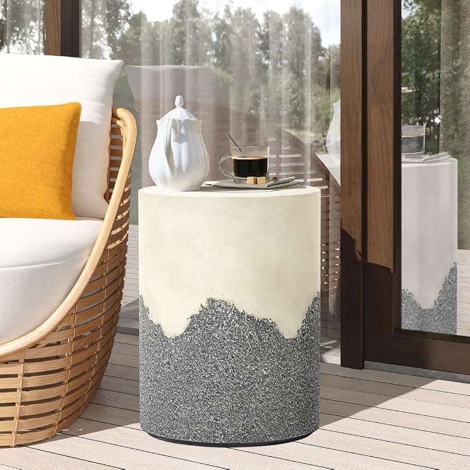 LuxenHome Gray and Cream Round Outdoor Side Table 18 Inch End Tables for Patio, Garden Small Accent Decorative Stool, Plant Stand Drum Table Indoor and Outdoor