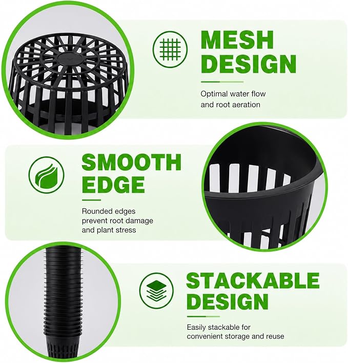 Net Cups Hydroponics 24 Pack 3 Inch Mesh Net Pots with 20 Ft Wick Cord & 24 Plant Labels, Slotted Cups for Healthy Root Growth, Indoor Hydroponic Growing & Aquaponics Systems