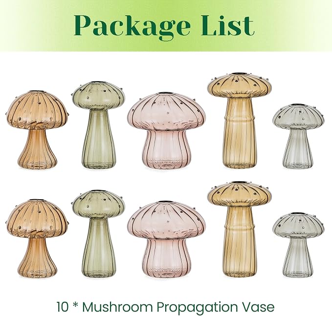Hewory Glass Mushroom Propagation Stations: Set of 10 Unique Propagation Jars Glass Planter for Indoor Plants Home Decor - Amber Mushroom Vase Christmas Birthday Gifts for Plant Lovers Women Girls