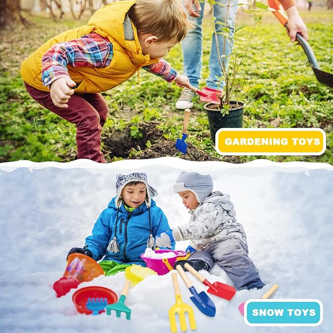 Beach Toys,5 Pcs Children Beach Sandbox Toys,8'' Kids Gardening Set Metal Garden Tools with Sturdy Wooden Handle,Safe Kids Shovel with Spoon, Fork, Rake, Flat Shovel & Pointed Shovel