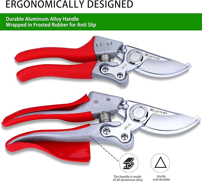 Kynup 8.6" Professional Pruning Shears for Gardening, SK5 Stainless Steel Garden Hand Pruners for Heavy Duty Clean Cuts 4X Easier, Garden Scissors for Arthritis Left Handed, Secure Safety Lock