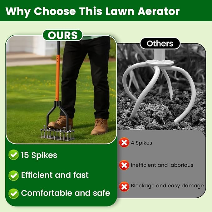 Manual Lawn Aerator Tool, Automatic Dirt and Leaf Clean Design, with 15 Iron Spikes Adjustable Height, Double-Layer Spring, for Loosening Soil Aerating Patio, Yard, Garden, (Black)