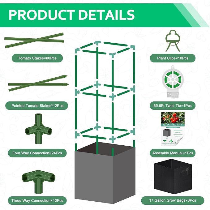 WLLEYAY 3 Pack Square Tomato Cages with 17 Gallon Grow Bags, 46'' Upgraded Heavy Duty Steel Garden Plant Support Stakes Kit, Flowers Vegetable Trellis for Vertical Climbing Plants Vines