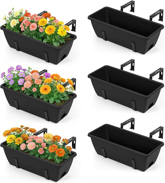 6 Pack Deck Railing Planter Boxes Black Window Boxes Planter Boxes with Adjustable Brackets, Outdoor Garden Fence Planters with Drainage Holes for Flowers, Herbs, Strawberry