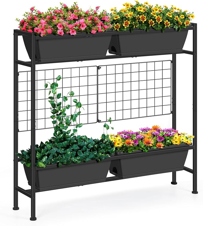 OYEAL Raised Garden Beds Outdoor with Legs 32" Tall Herb Garden Planters Box Raised Flower Beds for Gardening, Vertical Privacy Planter with Trellis for Patio, Porch, Backyard, Balcony, Grey
