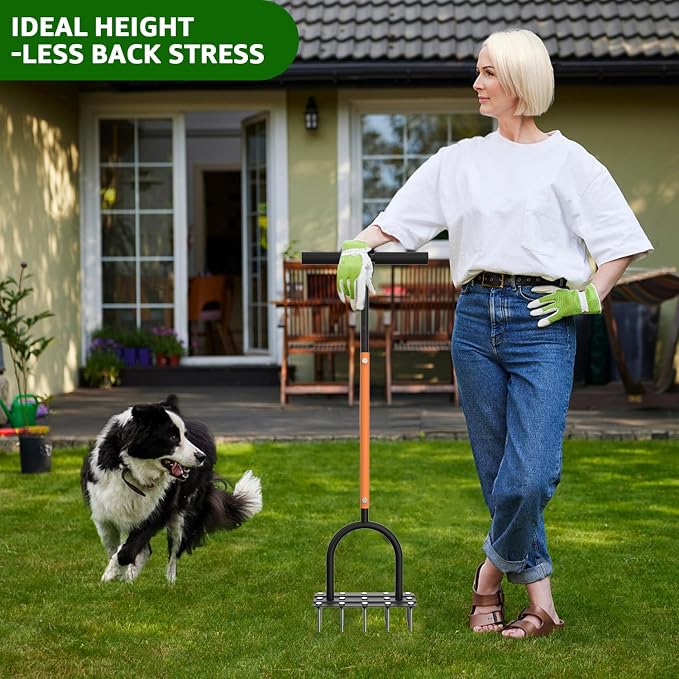 Aerator Lawn Tool Lawn Aerator -Heavy Duty Manual Grass Aerator with 15 Iron Spikes, Height Adjustable, Yard Aerator Tool for Lawn(Orange)