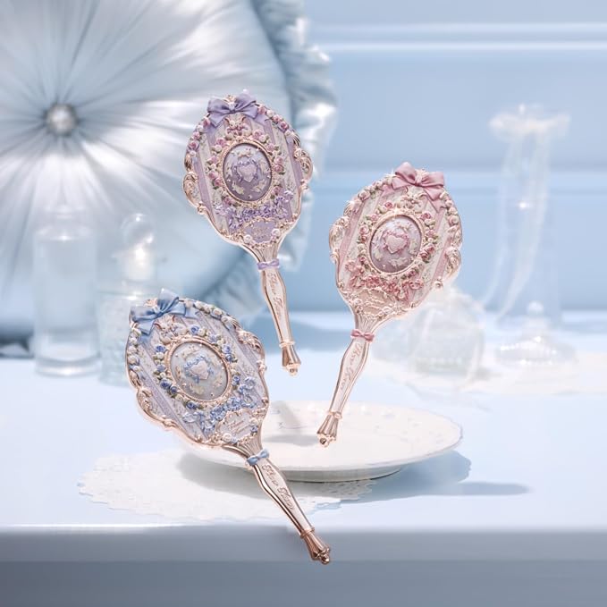 Flower Knows Bunny Garden Collection Hand Mirror,Vintage Portable Handheld Mirror,Fancy & Pretty Princess Mirror with Long Handle,Gift for Girls(Rosette Pink)