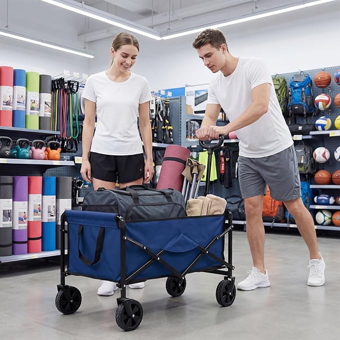 OLIXIS Collapsible Wagon 67L Compact Lightweight Utility Folding Wagon Cart with Wheels – 220 lbs Weight Capacity, Flexible Handle for Beach, Grocery, Camping, Shopping, Sports & Garden, Blue