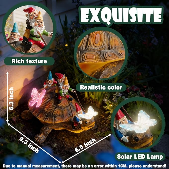 Funny Garden Gnomes Tortoise Decorations for Yard Statue with Solar Lights Outdoor Sculpture Decor