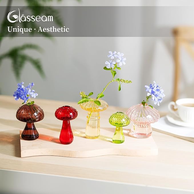 Glasseam Mushroom Plant Propagation Station: 5pcs Colored Glass Mini Terrarium for Plants, Cute Small Propagation Vases for Flowers - Unique Hydroponic Indoor Planters Gifts for Women's Room Decor