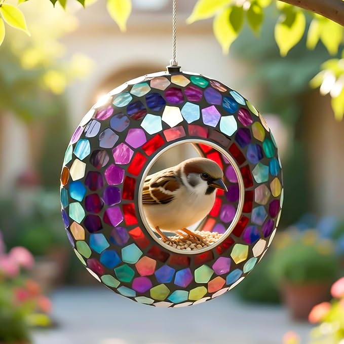 6 Inch Mosaic Glass Hanging Bird Feeder for Outdoors,Fly Through Bird Feeders for Wild Birds, Cute Seed Container with Round Shape for Backyard Window Garden Porch Decor, Aurora Purple Mosaic